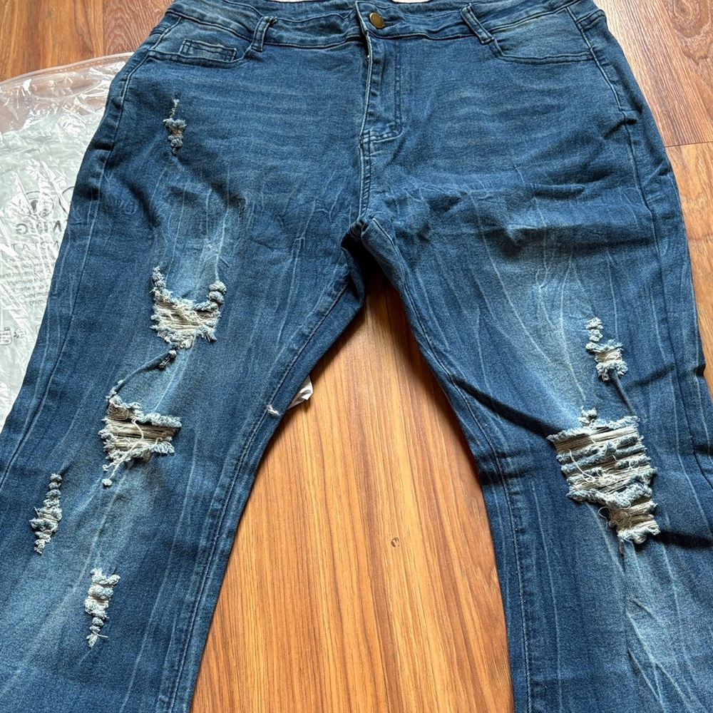 Heritage Dark Blue Distressed Wide Leg Jeans